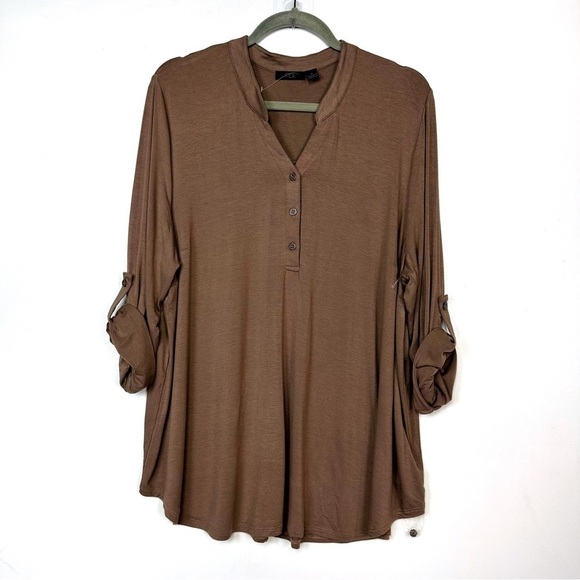 RDI Jersey Knit Pop over Roll Sleeve Top Brown Relaxed Blouse Plus Size 3X NWOT - Picture 1 of 11